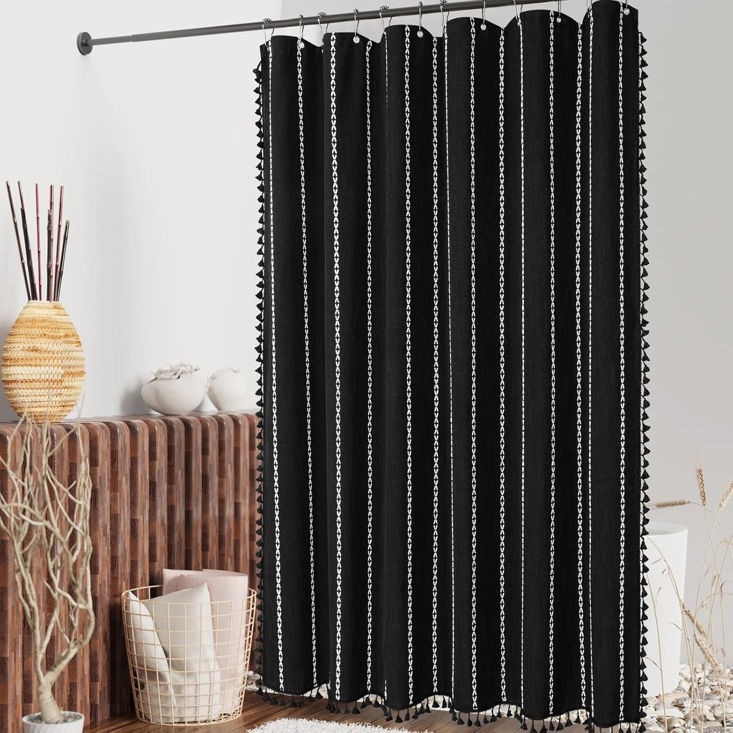 MitoVilla Black Boho Fabric Shower Curtain, Modern Farmhouse Polyester Linen Shower Curtains for Vintage Rustic Bathroom Decor, Country Tassel Thick Cloth Shower Curtain, 72 x 72