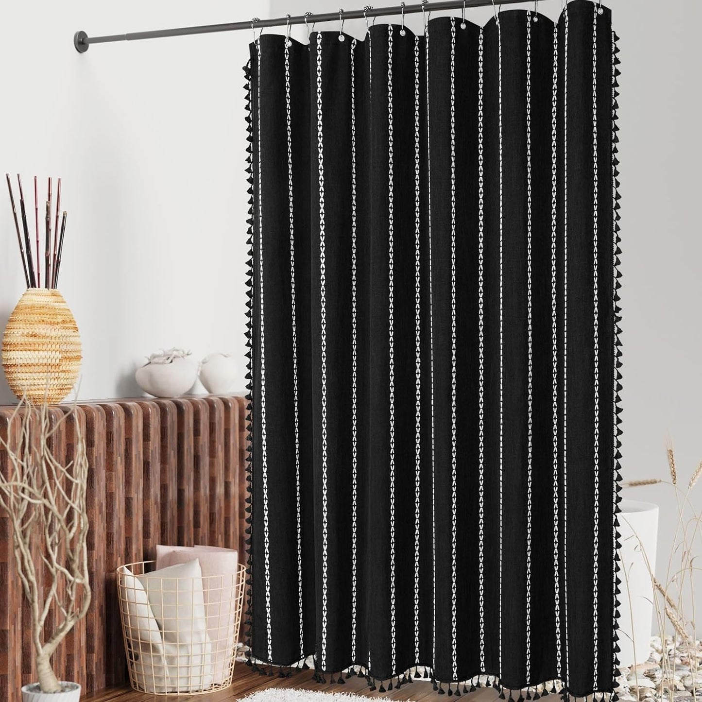 MitoVilla Boho Extra Long Shower Curtain 72 x 84, Black 84 inch XL Polyester Linen Tassel Fabric Shower Curtain Set with Hooks for Vintage Country Farmhouse Bathroom Decor, Thick & Wrinkle Resistant