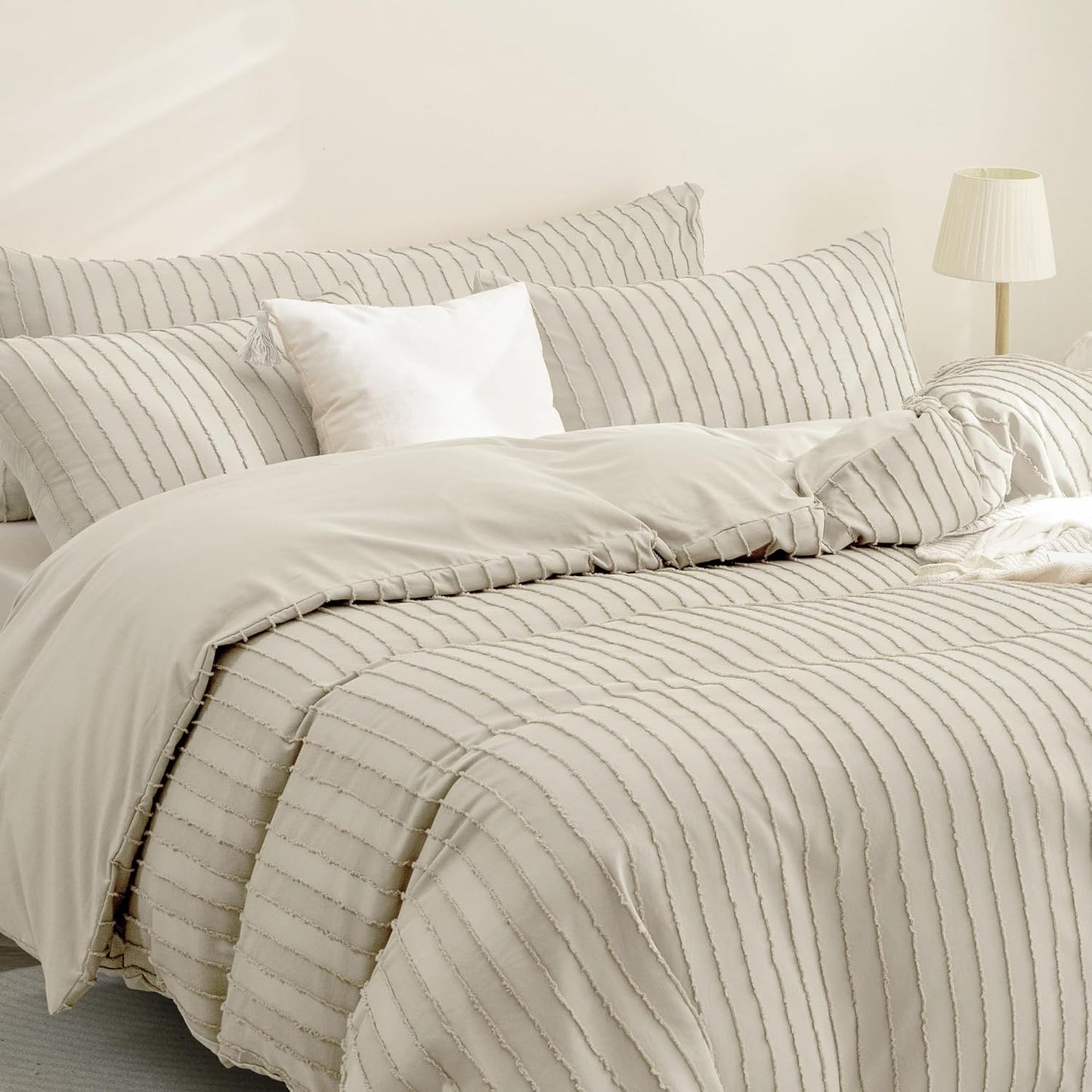 JELLYMONI Duvet Cover Oversized Queen Size Light Khaki - 3PCS Boho Striped Duvet Cover Set Polyester Tufted Bohemian Textured Comforter Cover 98×98in with Corner Ties & Zipper and 2 Pillowcases