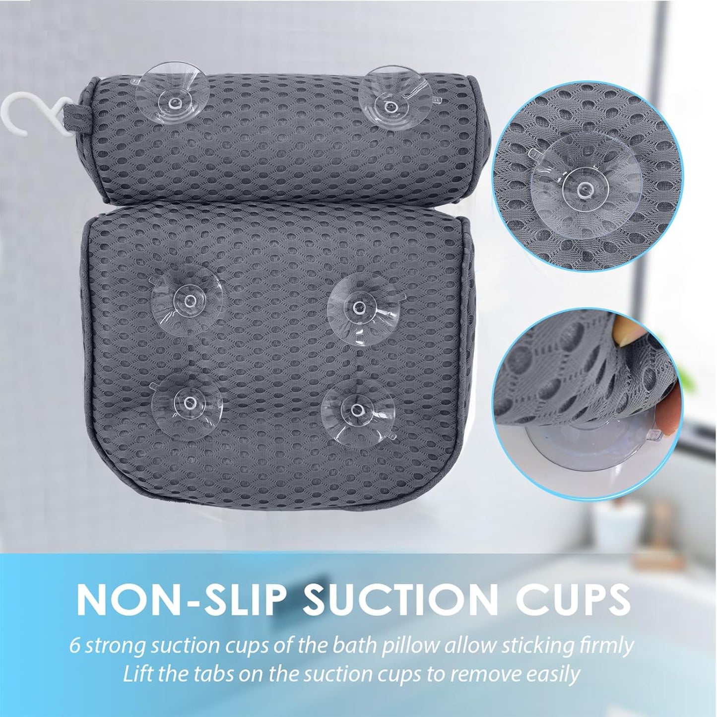 AEROiVi Luxury Bath Pillows for Tub，Bath Pillow Bathtub Pillows for Head and Neck Support Bath Cushion Made from Soft Spacer Mesh Material with Suction Cups,Gray