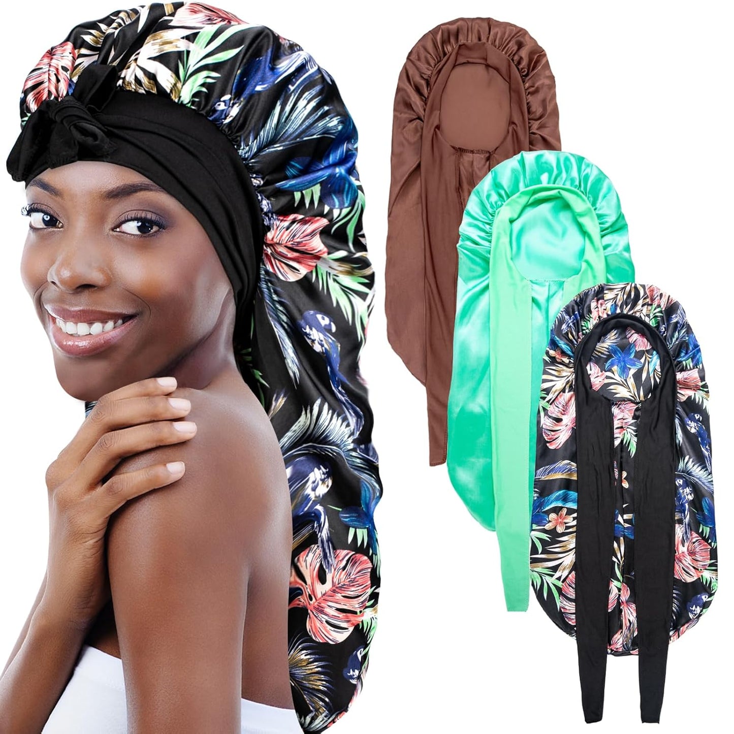 3Pcs Bonnets for Black Women Braid Bonnet, Large Long Satin Bonnet for Braids, Black Women Satin Silk Bonnet with Stretchy Tie Band Sleep Bonnet Cap for Long Curly Hair (Green & Black Pattern & Brown)