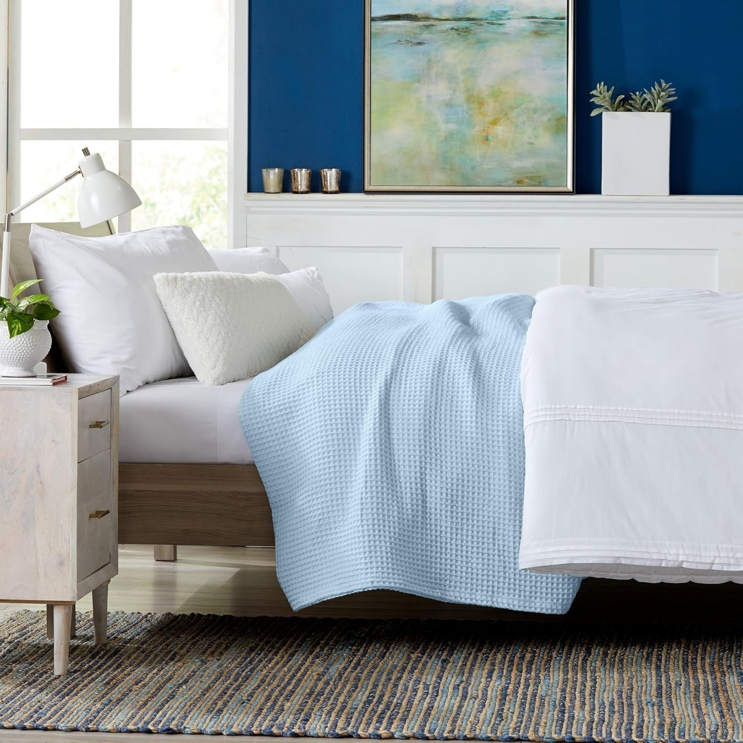 100% Cotton Waffle Weave Queen Bed Blanket | Soft, Breathable, and Lightweight Blanket for All-Seasons | Perfect for Layering | Brielle Collection (King, Sky Blue)