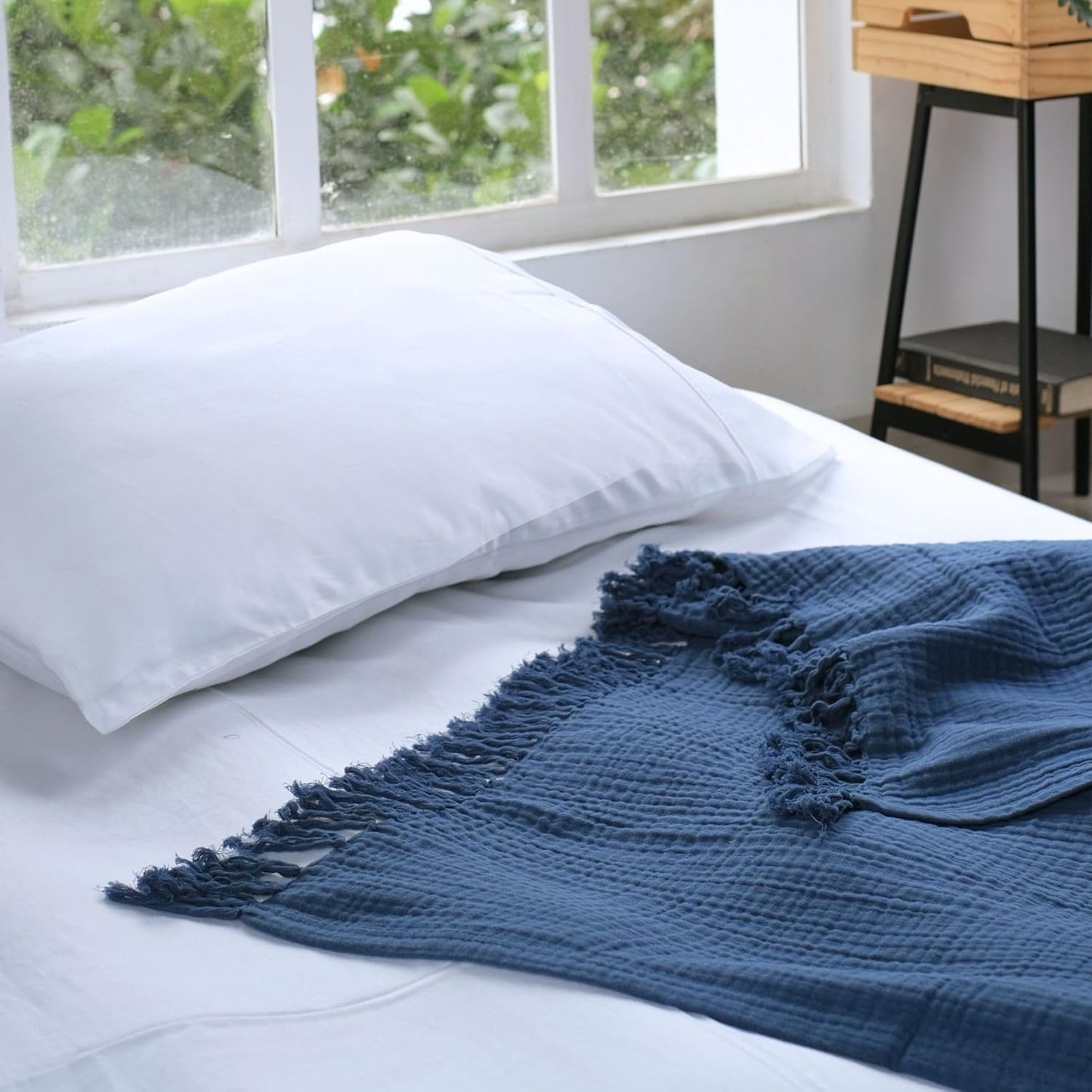 Salt Earth 100% Cotton Muslin Throw Blanket, Gauze Blanket 50"X60" Throw with Tassel 4 Layered for Couch, Bed, Living Room, Home,Lightweight & All Season Blankets & Throws, Skin Friendly(Navy Blue)