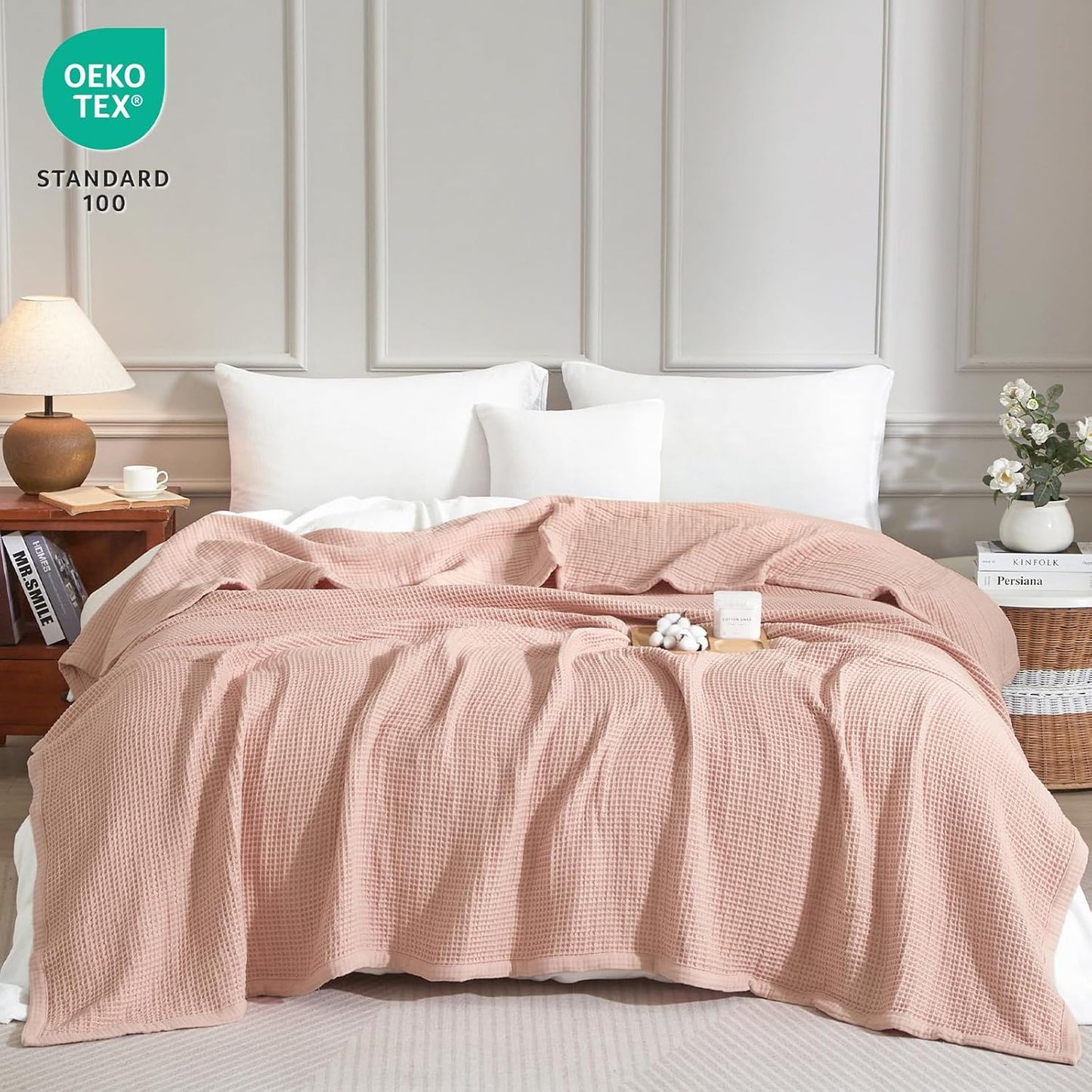 PHF 100% Cotton Waffle & Muslin Blanket King Size, Soft Breathable Luxury 400GSM Versatile Reversible Bedding for Bed, Great for Layering in Cold Weather, Home Decor Gift, 104" x 90", Rose Smoke
