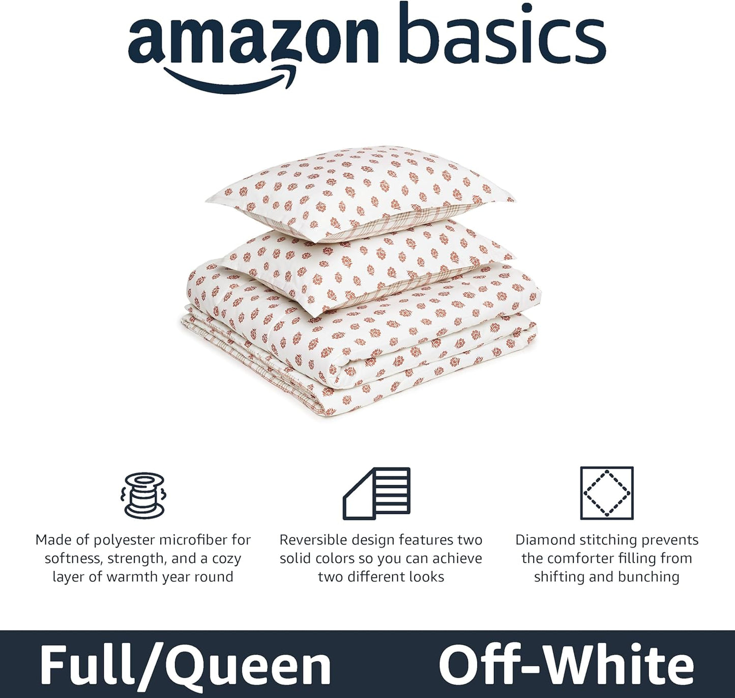 Amazon Basics Lightweight Microfiber Comforter Sets, 3-Pieces, Off White, Floral, Full/Queen