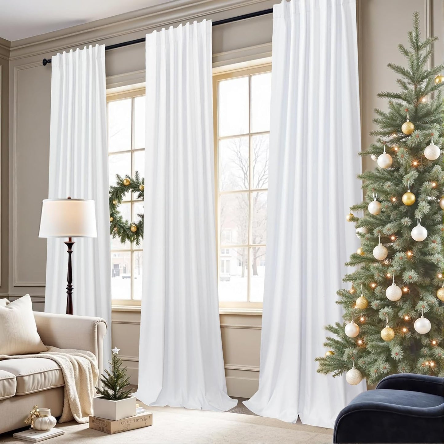 Blackout Curtains 108 Inch Long 2 Panels Burg Sound Curtains Noise Reducing Heavy Drapes 108 Inches Length Faux Linen Farmhouse Floor to Ceiling Curtain for Living Room Office Back Tab 9 ft Tall White
