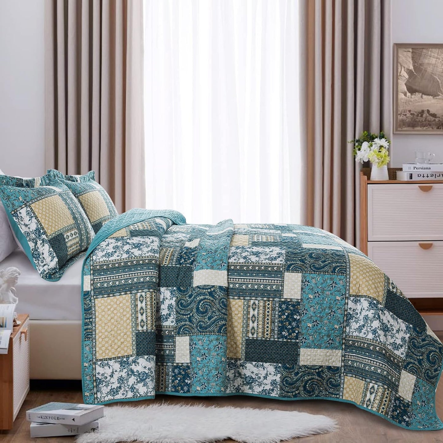BEDIFANY Cotton King Size Quilt Set, Lightweight Bedspread King Size Coverlet Boho King Quilt, Soft Farmhouse King Quilt Bedding Sets for Bed Decorations for All Seasons (3 Pieces, Blue)