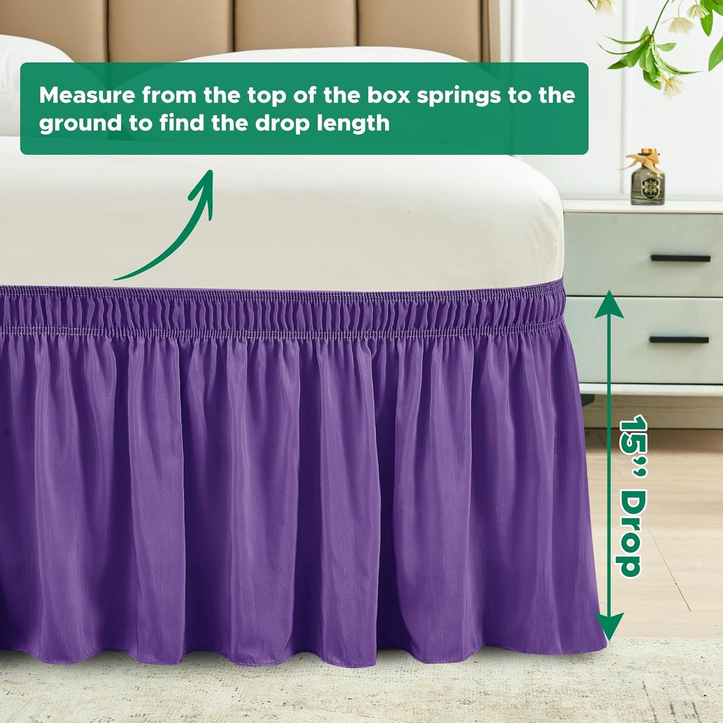 Biscaynebay Wrap Around Bed Skirts for King & Cal King Beds 15" Drop, Purple Adjustable Elastic Dust Ruffles Easy Fit Wrinkle & Fade Resistant Silky Luxurious Fabric Machine Washable