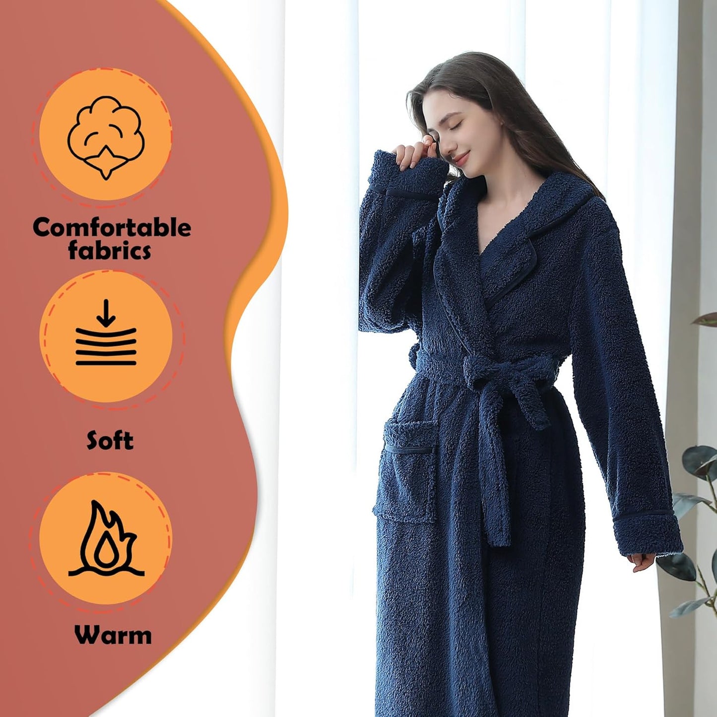 Oksun Womens Long Fleece Robe: Soft Fluffy Warm Bathrobe - Cozy Winter Housecoat Nigthgown with Chic Piping