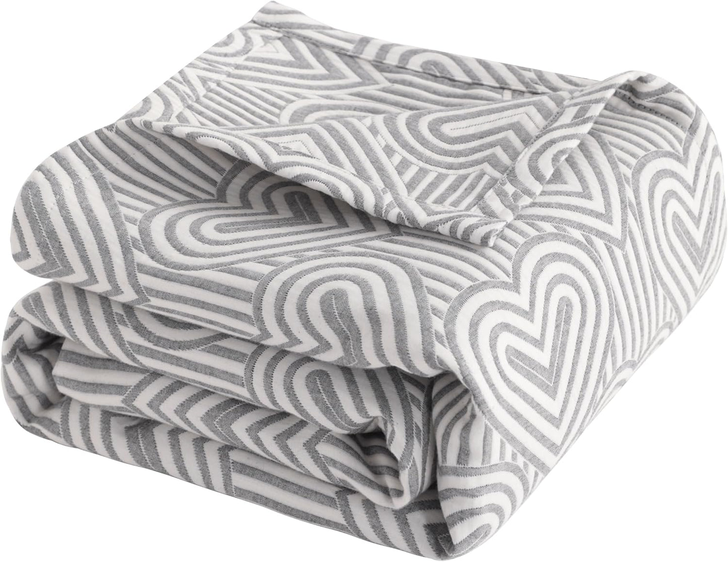 NTBAY 3 Layers Cotton Muslin 88x92 Queen Bed Blanket, Super Soft Breathable Thermal Yarn Dyed Quilt for Adults, Perfect Lightweight Blanket for Couch Sofa Bed All Seasons, Grey Heart