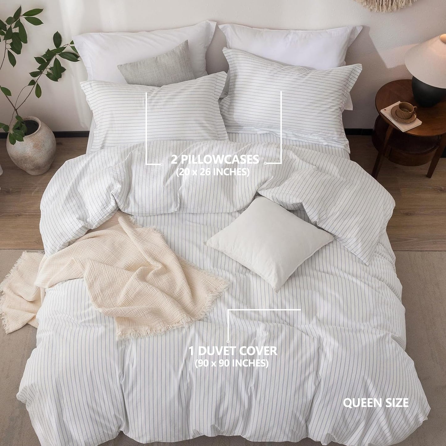 Stripe Linen Feel Duvet Cover Queen Size 90inch x 90inch,100% Washed Cotton Duvet Cover with Zipper Closure and 2 Pillowcases, Stripe of White-Cornflower Blue