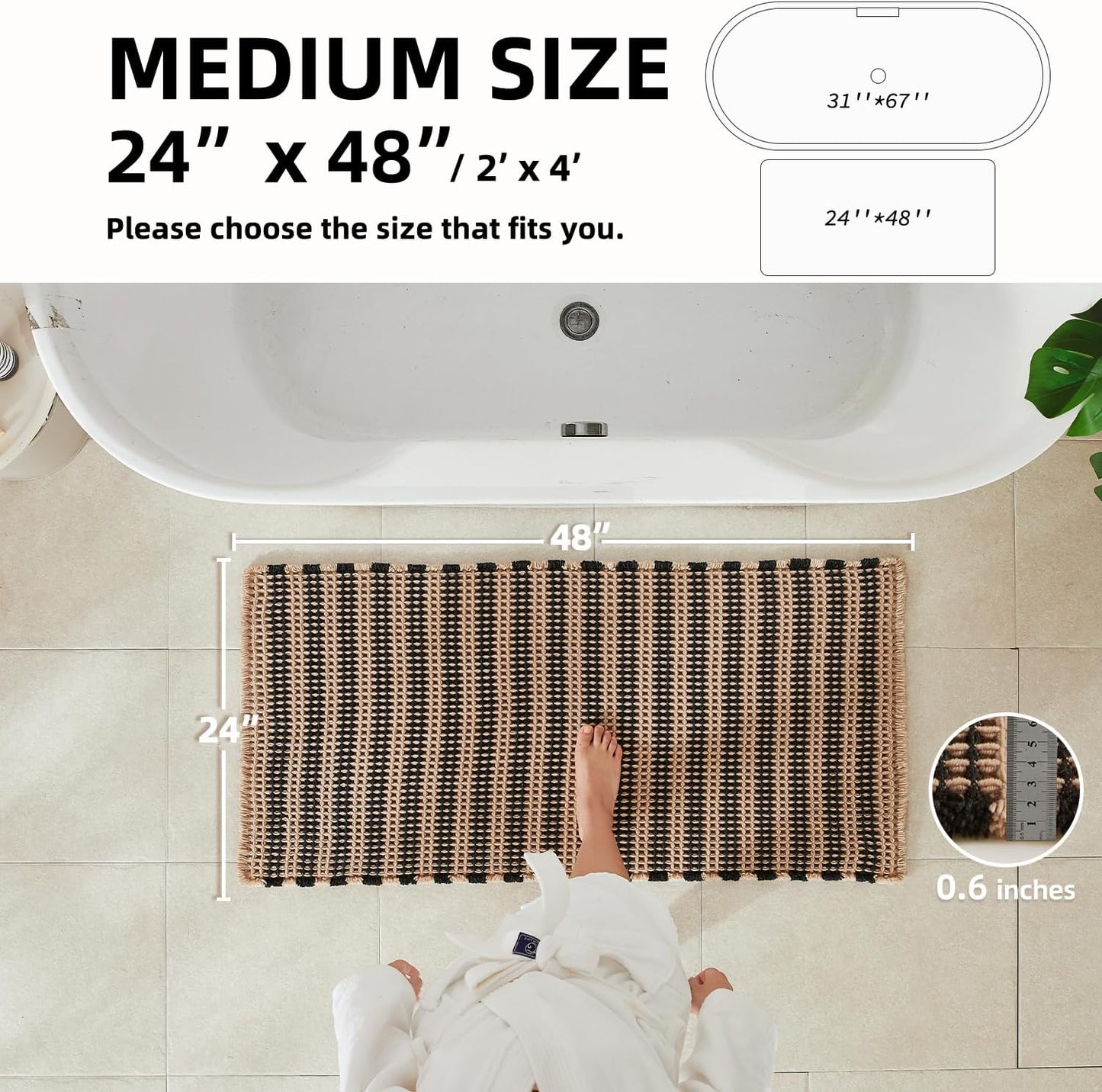 Waffle Bath Mat, Boho Bathroom Rugs Non Slip Washable Super Absorbent Quick Dry Bath Mat Farmhouse Bathroom Decor, 48"x24" Black and Khaki