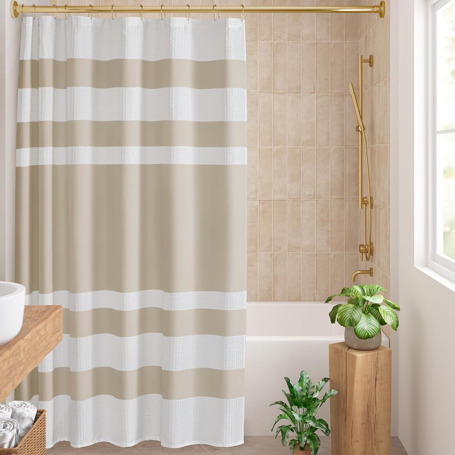 Madison Park Shower Curtain, Waffle Weave, Pieced Design Fabric Shower Curtain with 3M Scotchgard Moisture Management, Premium Spa Quality Modern Shower Curtains for Bathroom, Wide 108"x72" Taupe