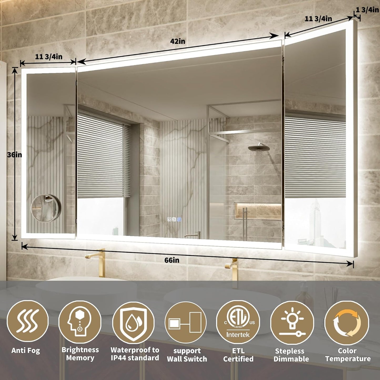 66x36 Trifold Bathroom Mirror with Lights with Removable Magnifier, 180° Foldable LED Mirror for Bathroom, Front&Backlit, Wall Mounted, Stepless Dimming, Color Temper Change, Anti Fog