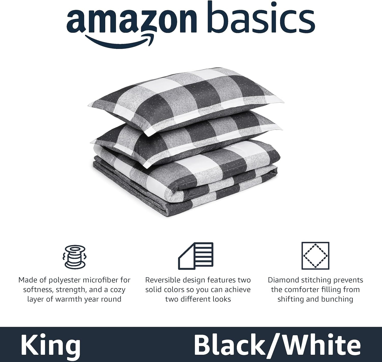 Amazon Basics Lightweight Microfiber Comforter Sets, 3-Pieces, Black/White, Checkerboard, King