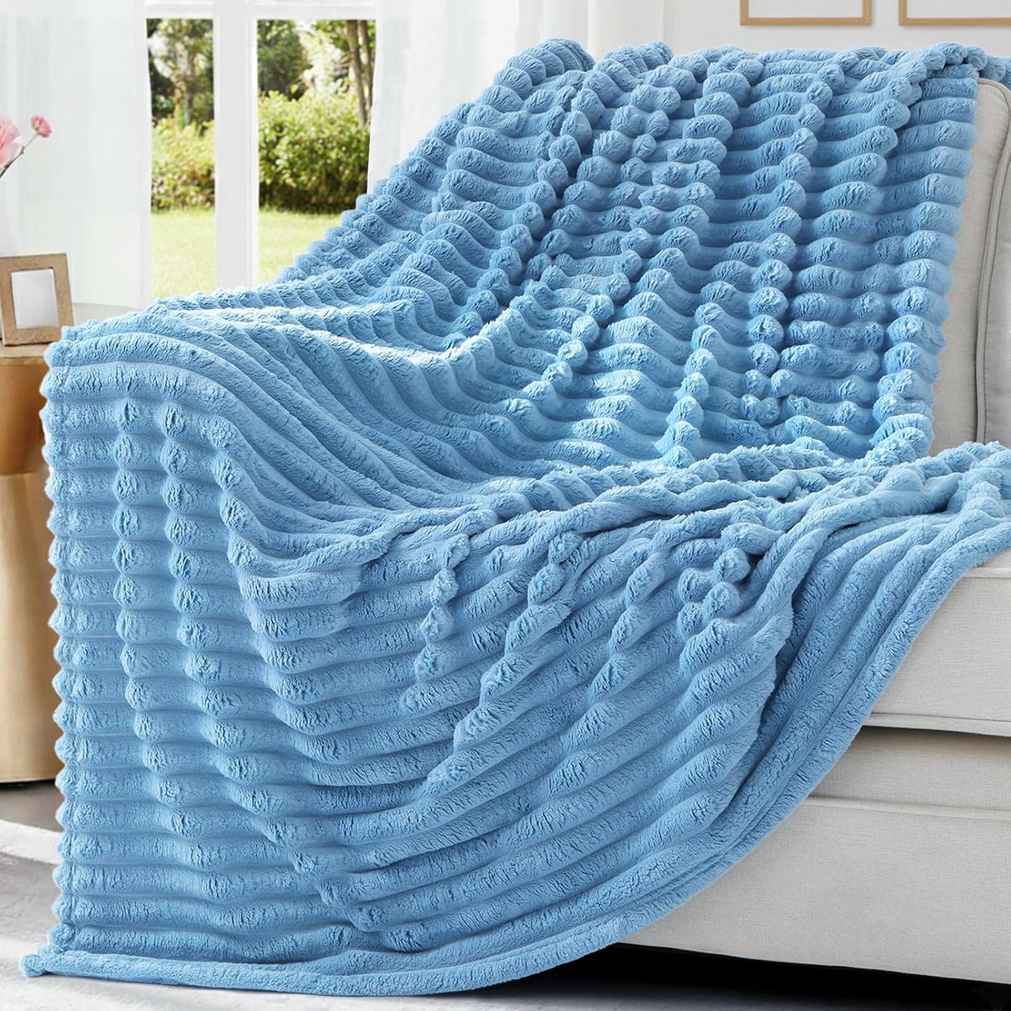 decorUhome Christmas Soft Fleece Blue Blanket Queen Size for Bed, Cozy Fluffy Plush Flannel Large Striped Throws for Couch Sofa, Lightweight Decorative Fuzzy Blanket for Woman, 90x90 Inches