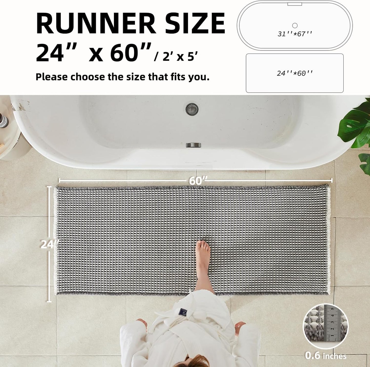 Waffle Runner Rug Bathroom, Long Boho Bathroom Rugs Non Slip Washable Super Absorbent Quick Dry Farmhouse Bath Decor, 60"x24" Grey and White