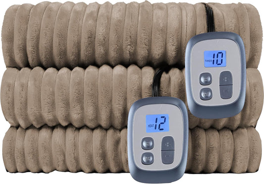 Electric Heated Blanket Queen Size 84x90 Inch - Ultra Soft Silky Flannel with Ribbed Texture, Dual Zone Controllers with 10 Heating Levels and 12 Hours Auto-Off Feature - Camel