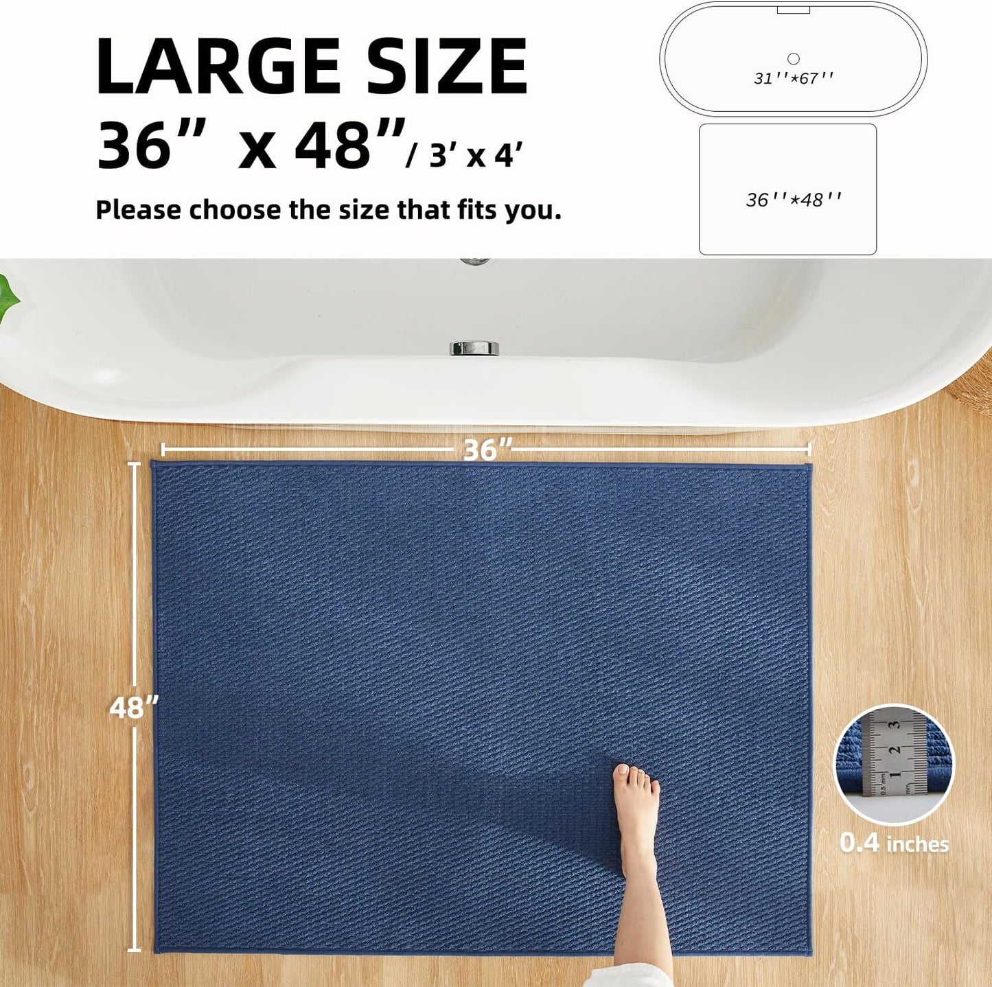 Large Bathroom Rugs Non Slip Washable Bath Rugs Super Absorbent Bathroom Rug Thin Quick Dry Low Pile Bath Mats, Navy Blue 36"x48"