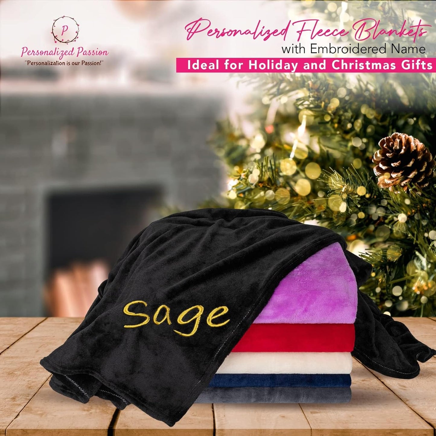 Personalized Blankets for Adults - Custom Blanket with Embroidered Name or Monogram - Soft Fleece Throw Cover for Bed & Couch - Black (60"x80")