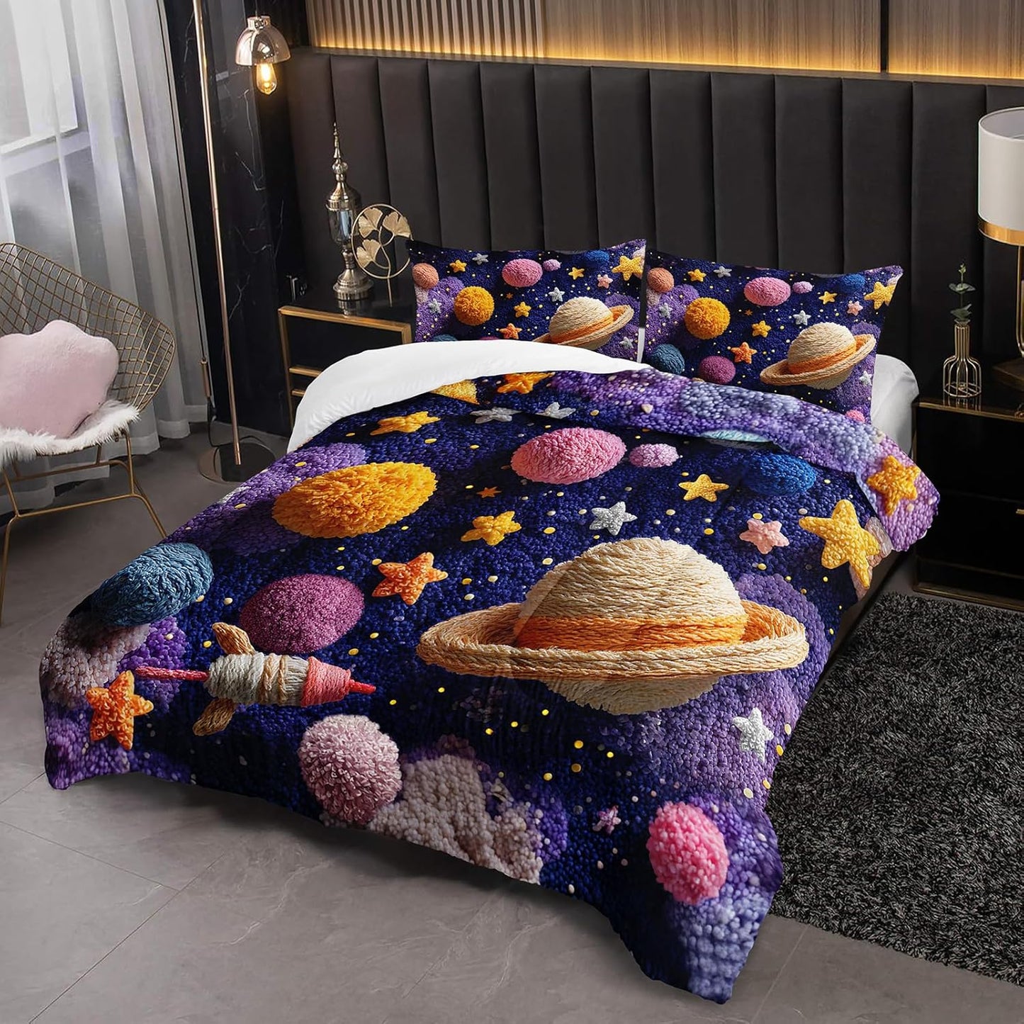 Puple Pink Galaxy Comforter Queen Size，Galaxy Theme Bedding Set Queen for Kids