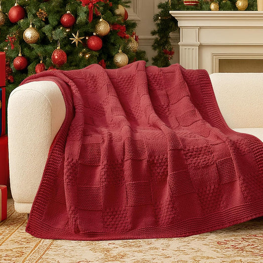 Amélie Home Checkered Chenille Knit Throw Blanket for Couch, Classic Texture Decorative Soft Blanket for Sofa, Chair & Bedroom, 50"x60", Red
