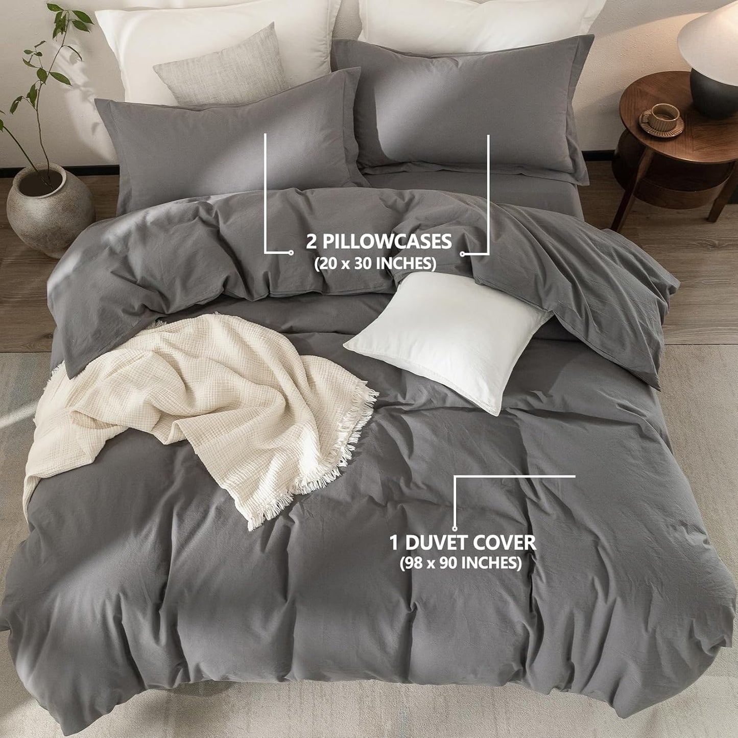 100% Washed Cotton Duvet Cover Super Queen Size Dark Grey Bedding Set Cover 1 Duvet Cover with Zipper Closure and 2 Pillowcases, 98inch x 90inch