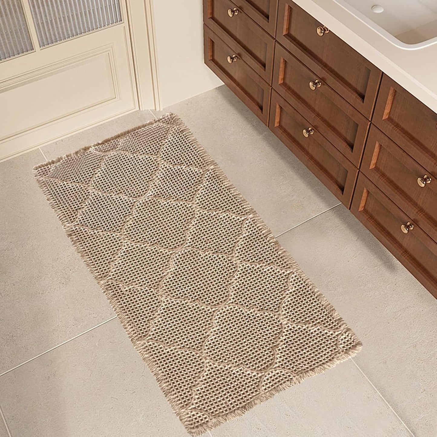 ZALL Tan Waffle Bath Mat,Super Absorbent Non Slip Bathroom Rug,Brown 24x48inch, Geometric Diamond Machine Washable Ultra Soft Floor Mats