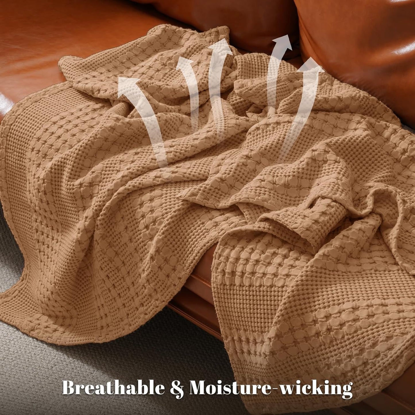 PHF 100% Cotton Waffle Weave Blanket Queen Size for Bed, Soft Lightweight & Breathable, All-Season Comfort, Luxury Aesthetic Woven Bedding for Home Decor, 90"x90", Clay