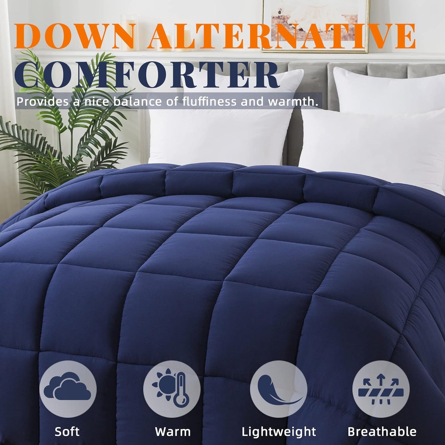 Cosybay Down Alternative Comforter (Navy Blue, Queen) - All Season Soft Quilted Queen Size Bed Comforter - Duvet Insert with Corner Tabs - Winter Summer Warm Fluffy, 88x92inches