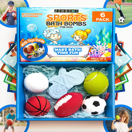 Bath Bombs for Boys W/Educational Flash Cards - Bathbombs with Toys Inside - 2.5 oz Gift Set of 6 Scented Organic Handmade with Natural Essential Oils - Sports Surprise Inside by Zenseme