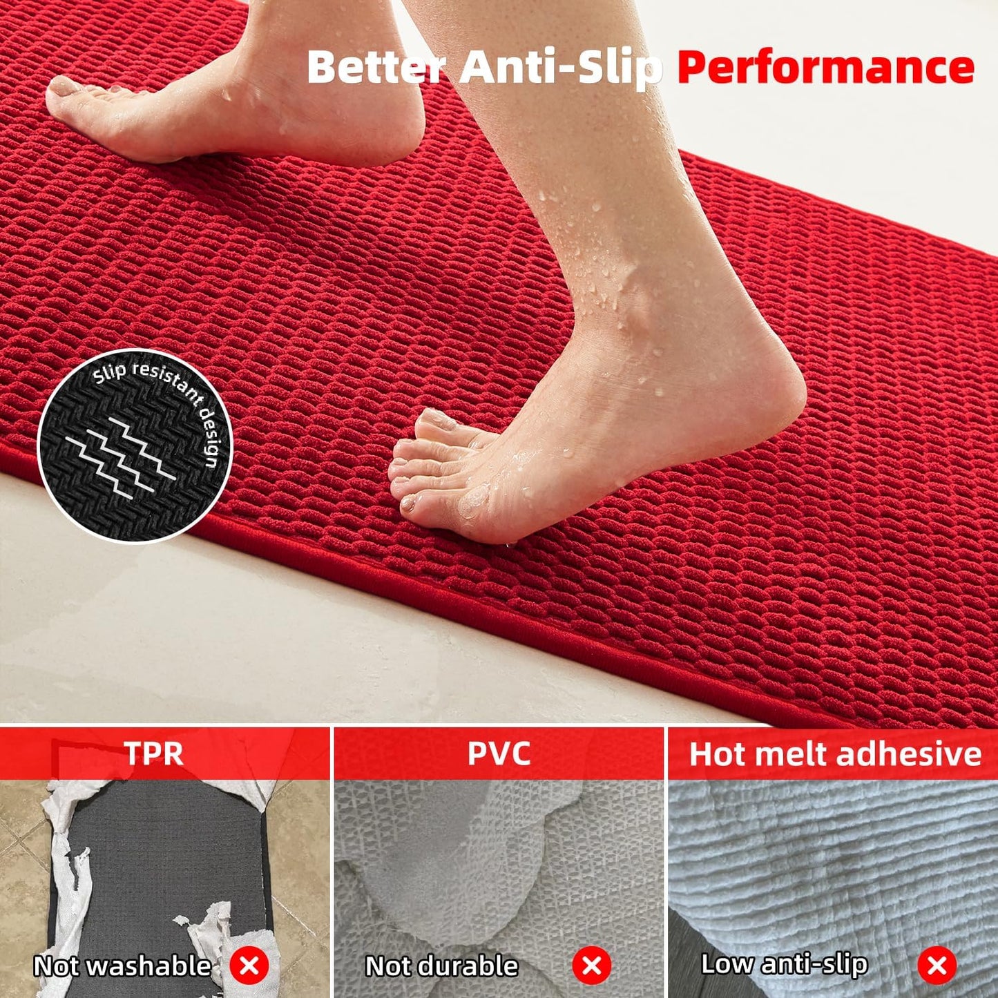 Christmas Bathroom Rugs Non Slip Washable, Super Absorbent Thin Bath Mat Quick Dry Low Pile Bathroom Rug, Red 20"x48"