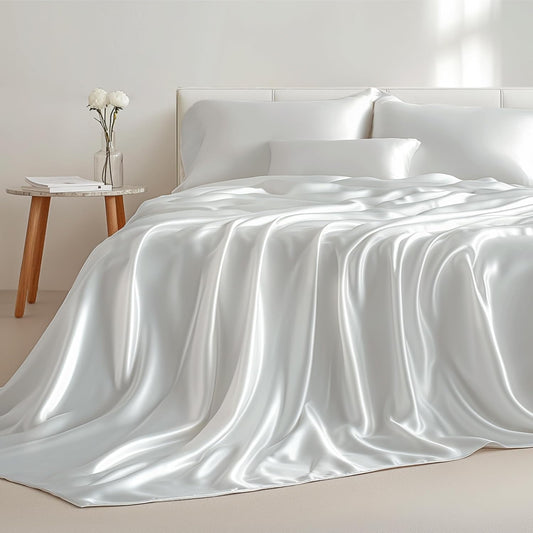 Bedsure White Satin Sheets Full Size - 4 Piece Silky Bedsheets with 15 Inches Deep Pocket Fitted Bedsheet,1 Flat Sheet, 2 Satin Pillowcases, Good for Hair & Skin (Full, White)