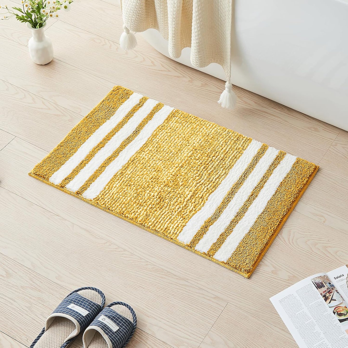 CozeCube Bath mats for Bathroom Non Slip, Fluffy Absorbent Microfiber Bath mat Washable, Aesthetic Bathroom Rugs, Small Harvest Gold Striped Bath mat, Harvest Gold, 24" x 16"