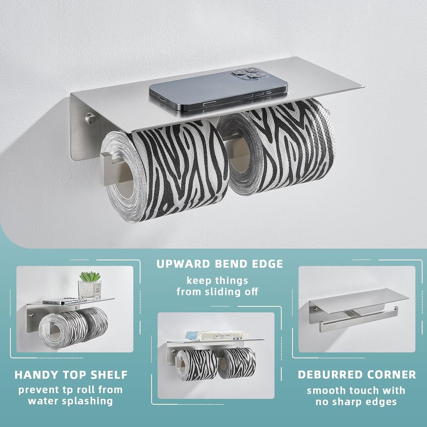 Angle Simple Double Toilet Paper Holder with Shelf, SUS 304 Stainless Steel Bathroom Lavatory Toilet Tissue Roll Holder Wall Mount, Brushed Nickel