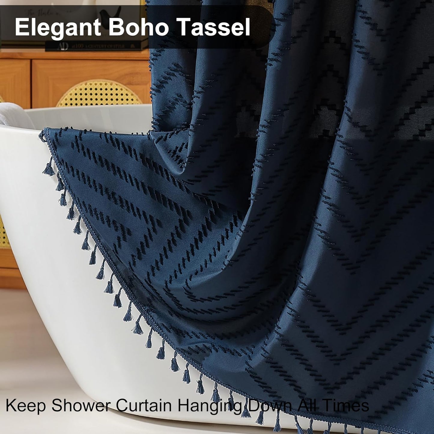 Navy Blue Shower Curtain Fabric Boho Shower Curtain Cloth Textured Tufted Chevron Elegant Shower Curtains Waterproof for Bathroom 72 x 72