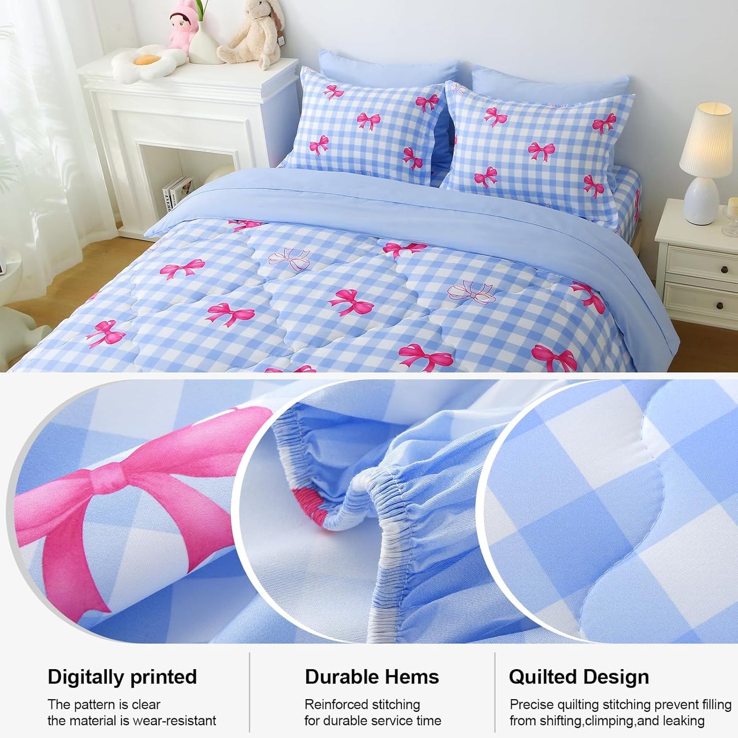 Wajade Bow Comforter Set 7 Piece Blue White Plaid Comforter Sets for Girls Kids Queen Size Checkered Bedding Set with Sheet and 2 Pillowcases 2 Pillow Shams Cute Girls Bed in a Bag as Birthday Choice
