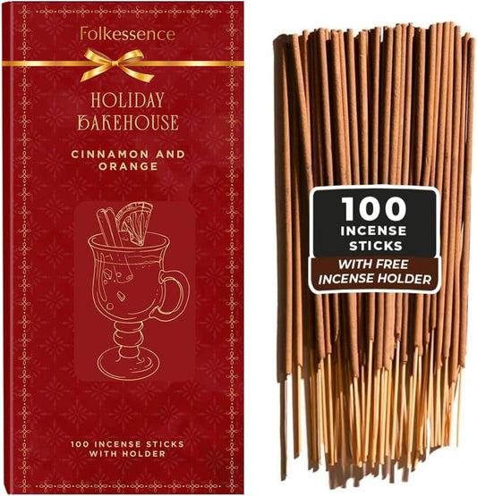 Folkulture Christmas Incense Sticks | Set of 120 Insence-Sticks with Holder for Relaxation |Cinnamon & Orange Incense| Organic, Slow Burning & Non Toxic Inscents | Luxe Fragrances - Gifts for Her