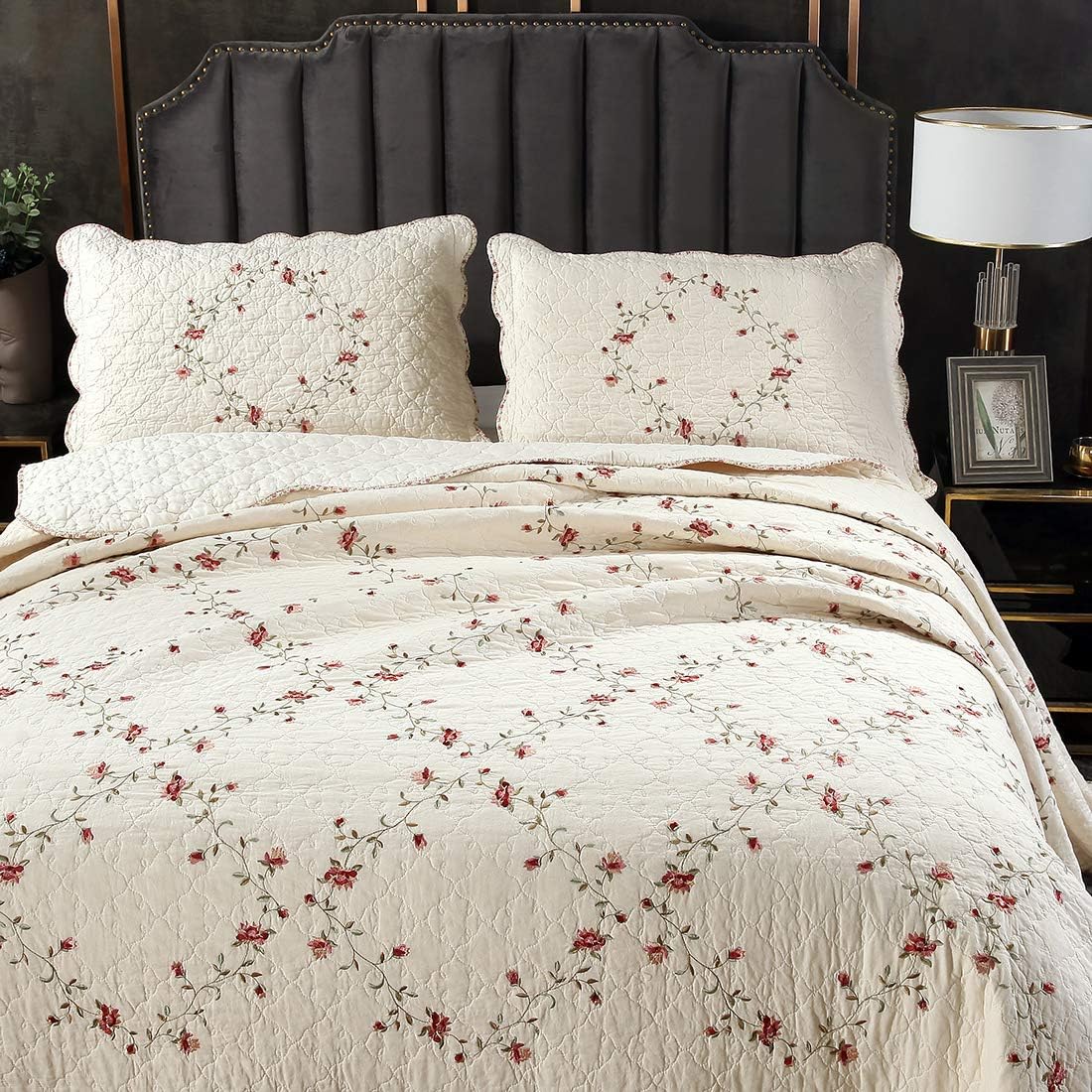 vctops 3-Piece Floral Embroidered Bedspread Coverlet Set 100% Cotton Reversible Patchwork 1 Quilt and 2 Pillow Shams Full/Queen, Flower