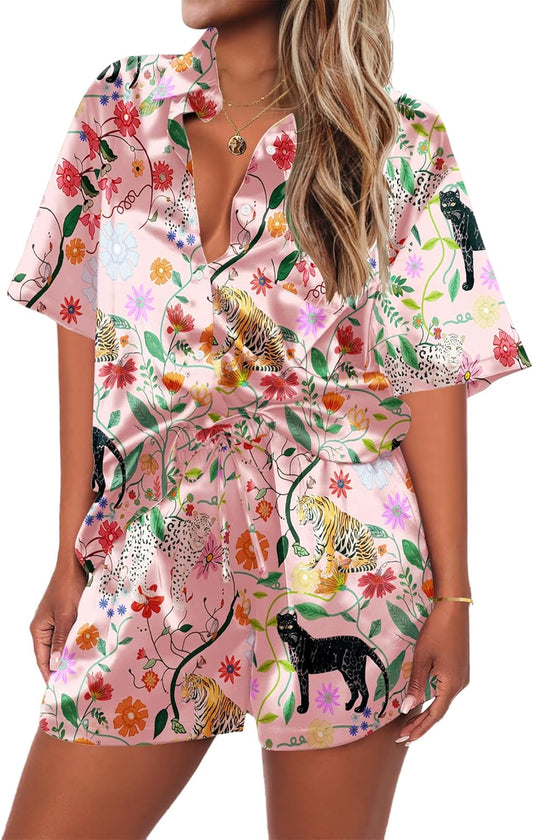 Ekouaer Pajamas for Women Set Silk Satin Pjs Shorts Sleepwear 2 Piece Loungewear S-XXL