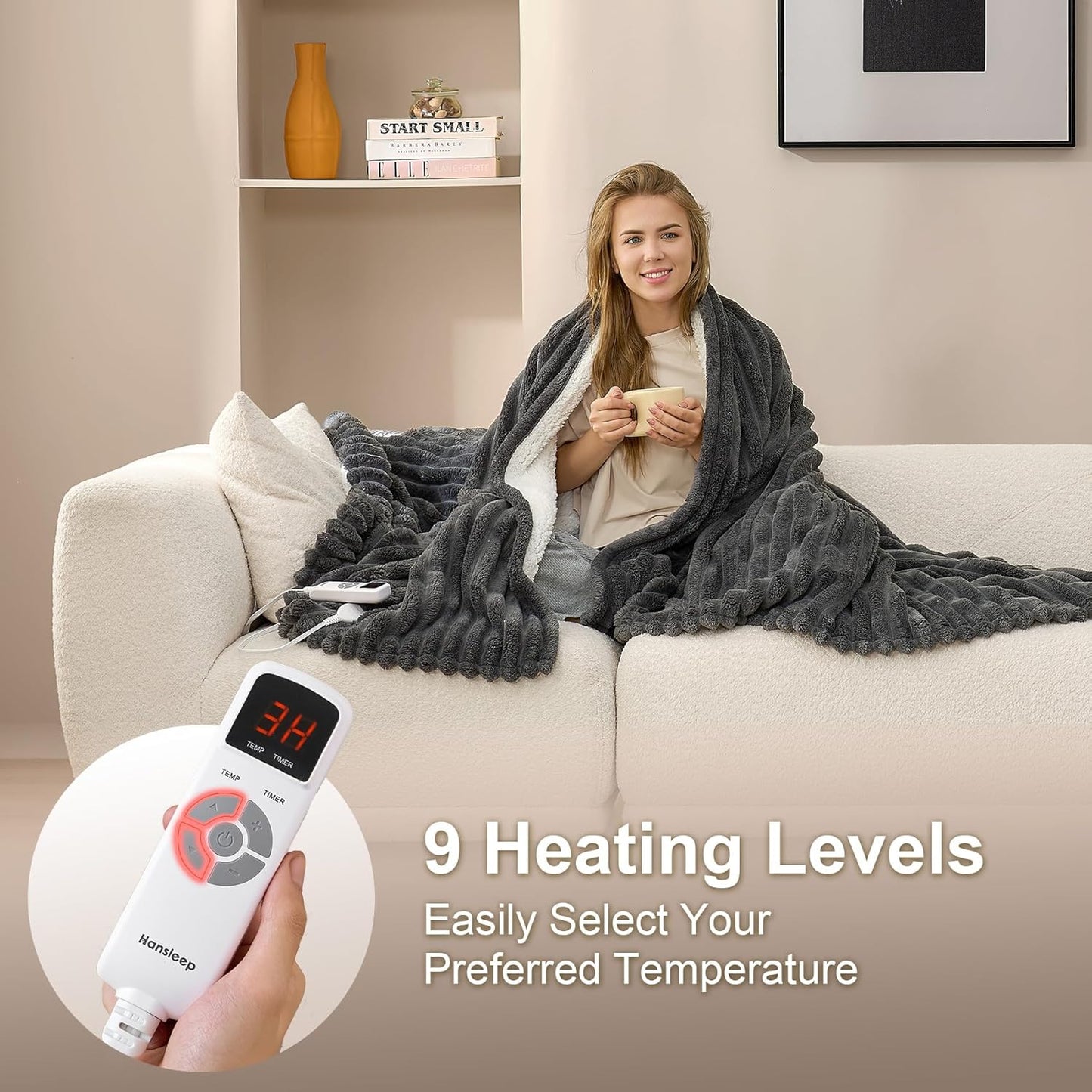 Hansleep Heated Blanket King Size Electric Throw Dual Control, Heating Blanket with 9 Heating Levels and 10-Hour Timer Auto Shut Off, Washable Soft Warm Winter Blanket, 90 x 100 Inches, Dark Grey