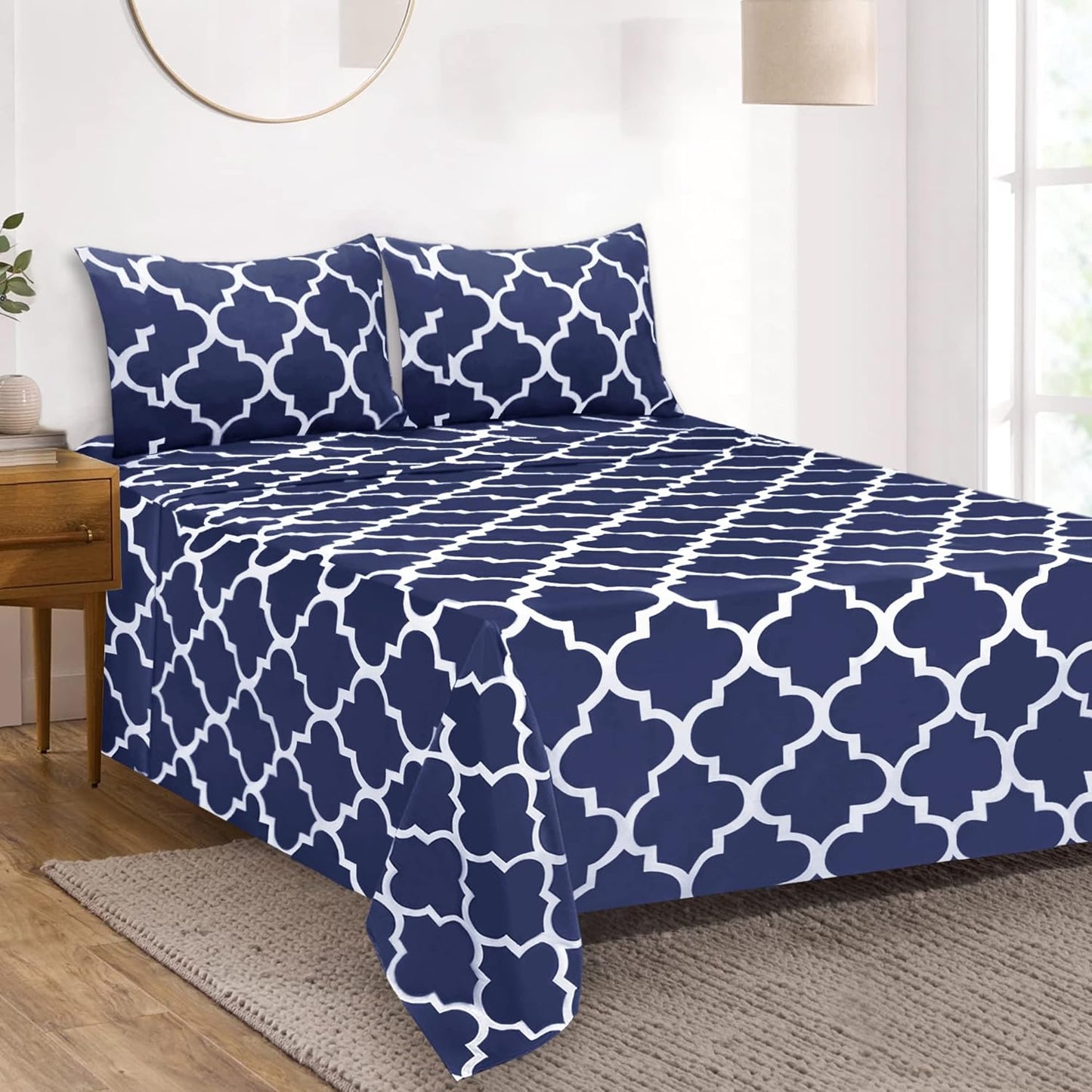Mejoroom King Bed Sheet Set - Super Soft Brushed Microfiber 1800 Thread Count King Sheets with 15 inch Deep Pocket - Wrinkle Free - 4 Piece(King, Navy Quatrefoil with White Pattern)