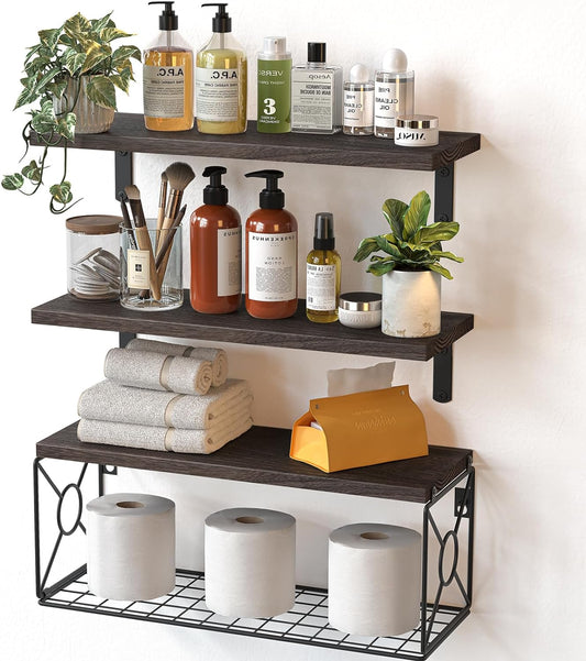 Amada Bathroom Shelves Over Toilet with Storage Basket, Floating Bathroom Wall Shelves for Home Organization & Wall Decor, Bathroom/Kitchen/Living Room Shelves–Rustic Brown