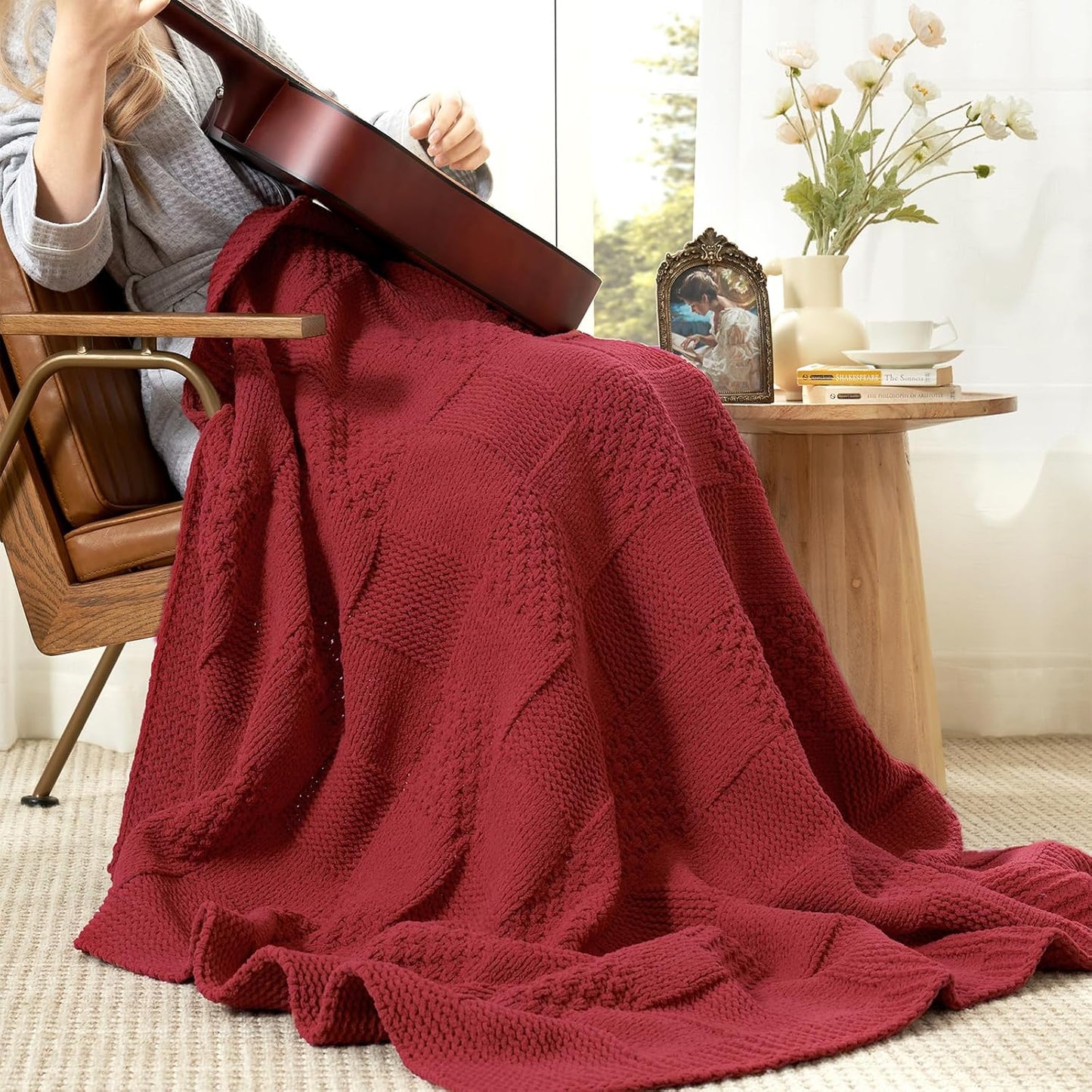 Amélie Home Checkered Chenille Knit Throw Blanket for Couch, Classic Texture Decorative Soft Blanket for Sofa, Chair & Bedroom, 50"x60", Red