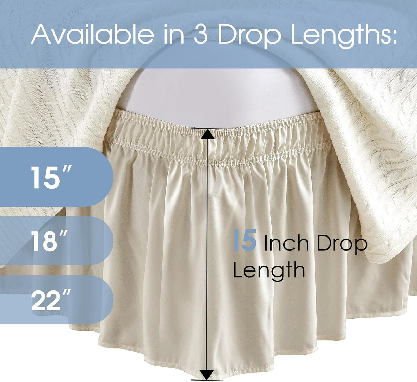 FreshCulture Twin Bed Skirt, Elastic Wrap Around Bed Skirt Twin Size, Bed Skirts for Adjustable Bed, Easy Fit with 15 Inch Drop Length, Hotel Quality Dust Ruffle for Twin Bed (Cream)