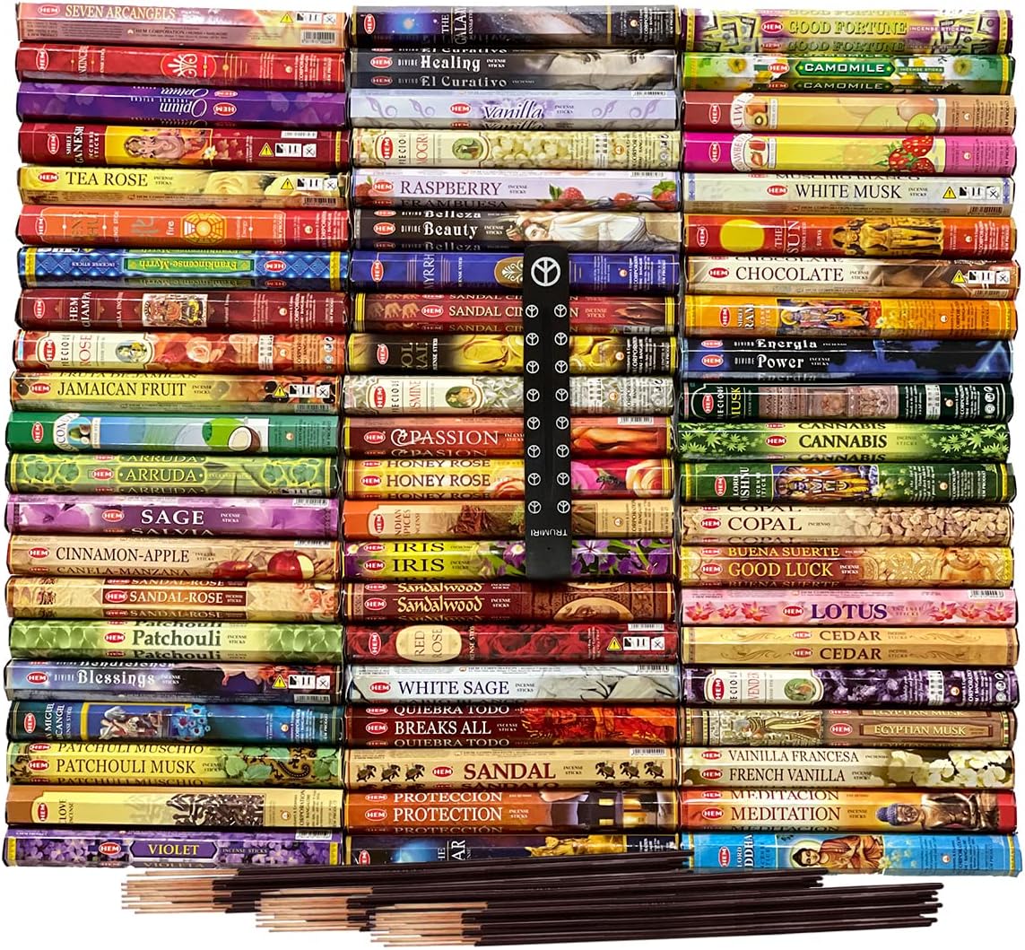 Hem Incense Sticks Variety Pack of 12 Randomly Selected Hexa Fragrances and Incense Stick Holder Bundle Total 240 Sticks