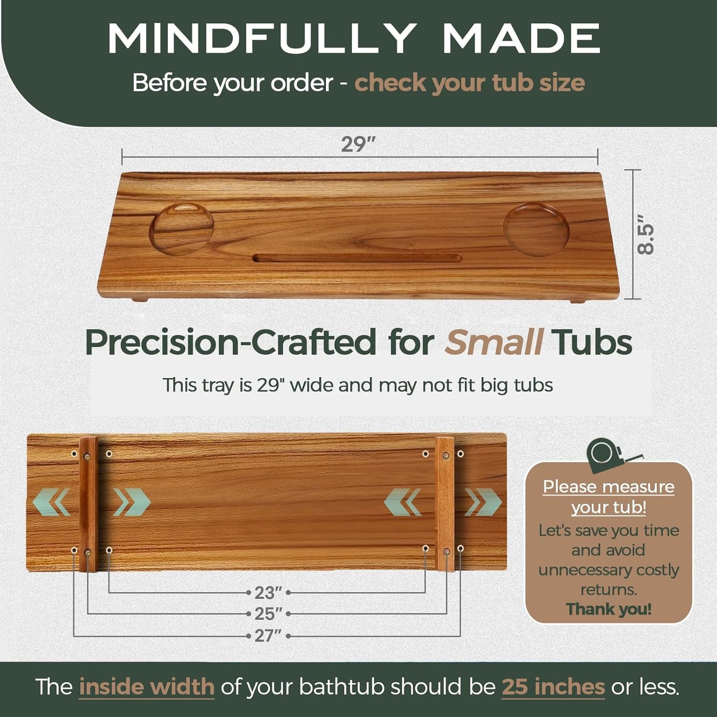 Superior Teak Bath Tub Tray Wood for Small Tubs - Adjustable Bathtub Table Tray - Sustainable Minimalist Bathtub Shelf Across Tub - Anti-Slip Bathroom Accessories Holders for Tub 29" in.