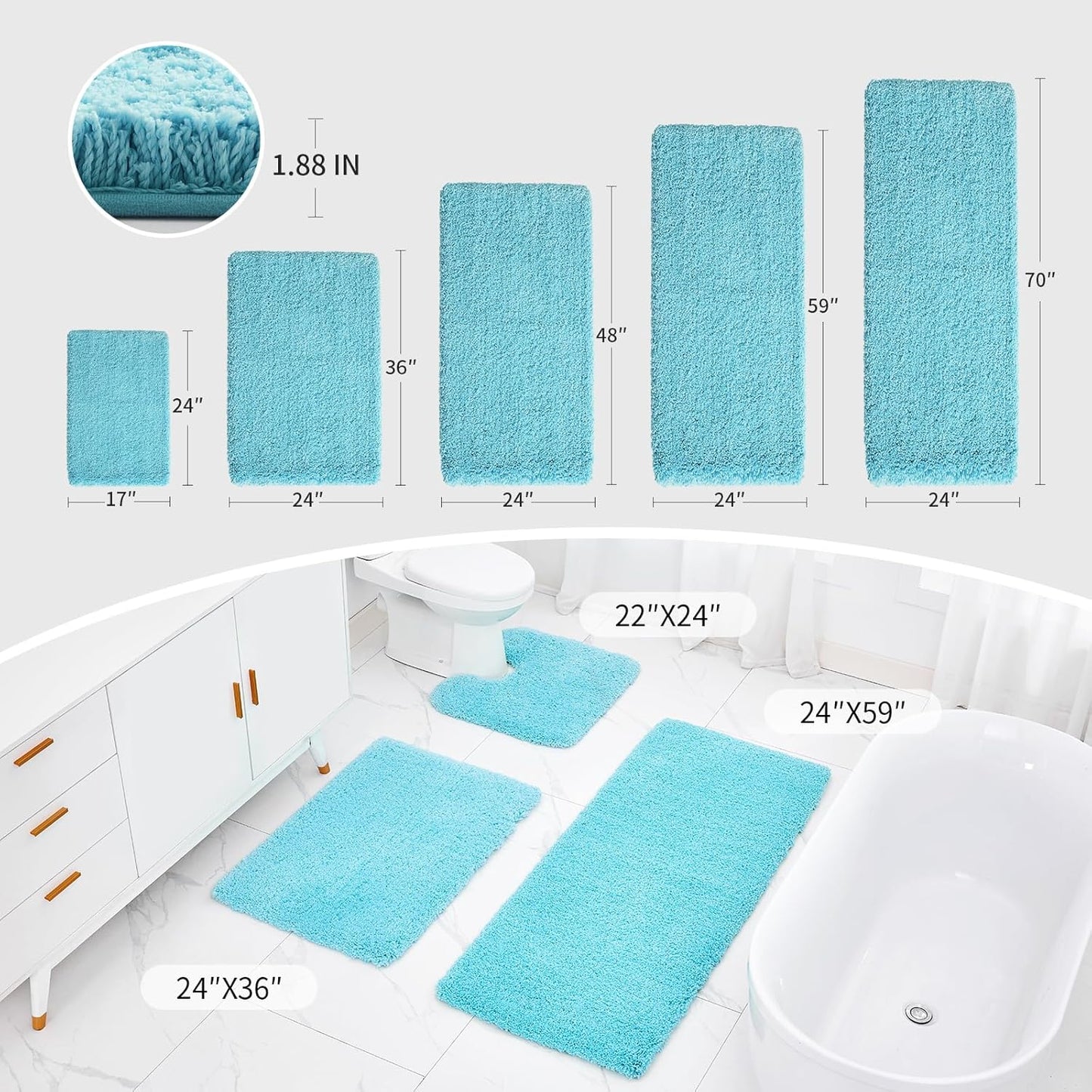 Teal Bathroom Rug 24x36 Non Slip Fluffy Bath Mat for Bathroom Floor Washable Plush Luxury Bath Rug for Tub Soft Shaggy Absorbent Shower Sink Mat
