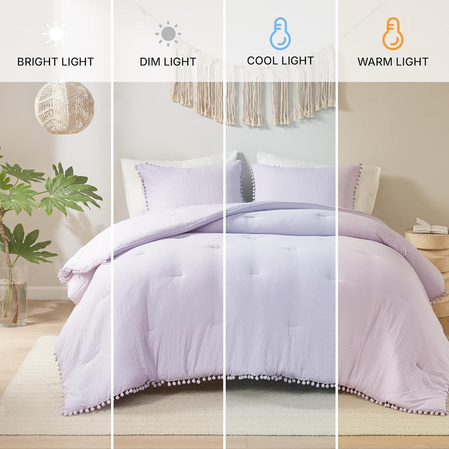 Codi Lavender Purple Boho Twin Comforter Set for Girls, Aesthetic Pom Fringe Design Cute Bedding, Soft Washed Microfiber Bed Sets, Lightweight Chic,1 Comforter & 1 Pillowcase