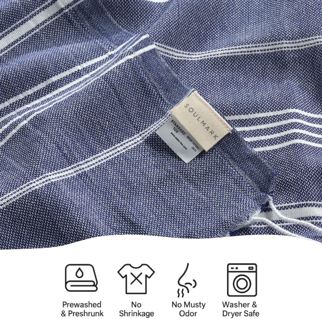SOULMARK 100% Cotton Turkish Beach Towel with Bag - 38"x71" - 2 Pack - Made in Green & Oeko TEX Certified - Pre-Washed & Sand Free - Quick Dry and Lightweight for Travel - Made in Turkey - Navy Blue